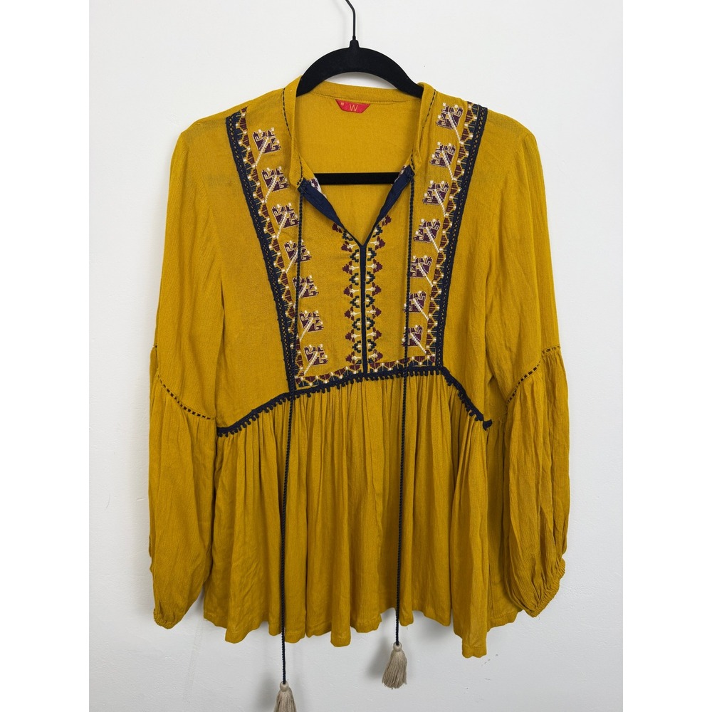 Mustard Yellow Embroidered Boho Peasant blouse Large 100% Viscose